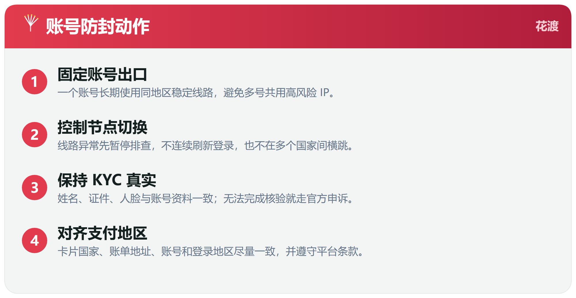 四、账号侧防封：把四件事保持一致
