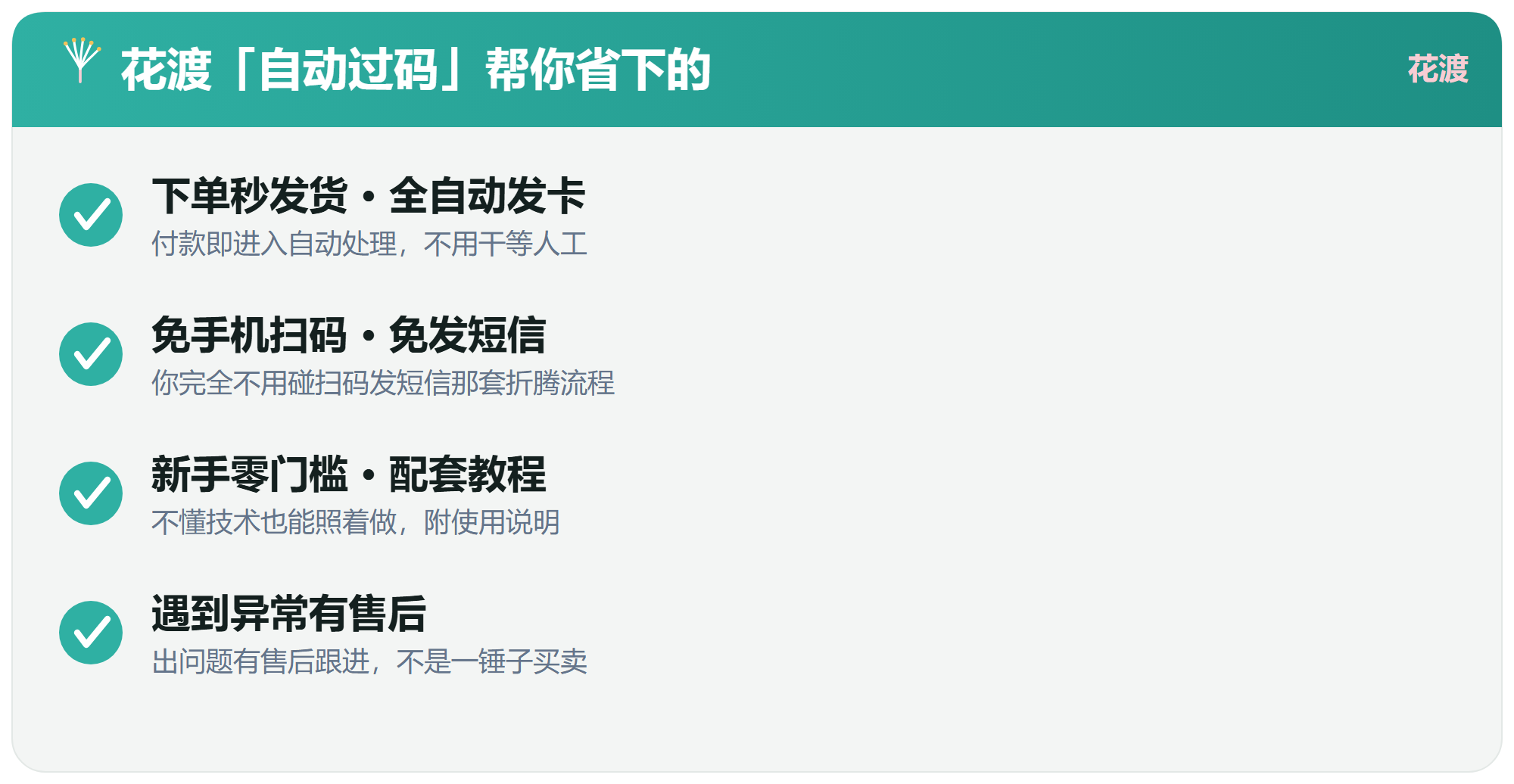 花渡自动过码代验证帮你省下的：秒发货全自动、免扫码免短信、新手零门槛有教程、有售后