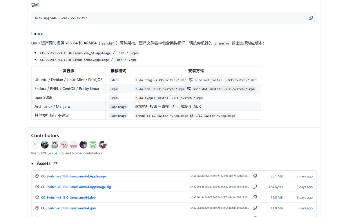 cc-switch 各平台安装包下载列表